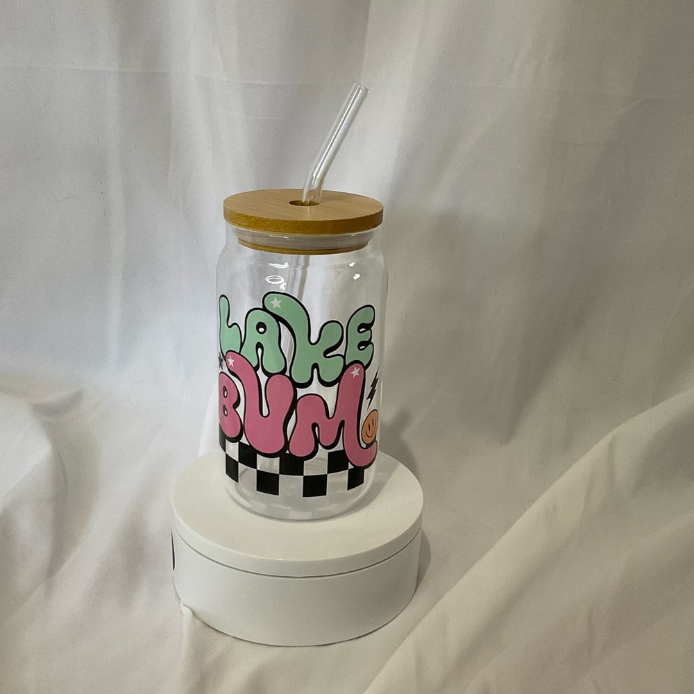 14 Ounce Handmade Clear Glass Can Cup, Bamboo Lid & Straw, Lake Bum